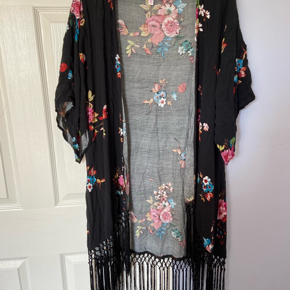 Long black and colorful floral kimono with fringe